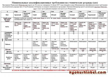 Минимальные квалификационные требования на ученические разряды (кю) в Киокушин